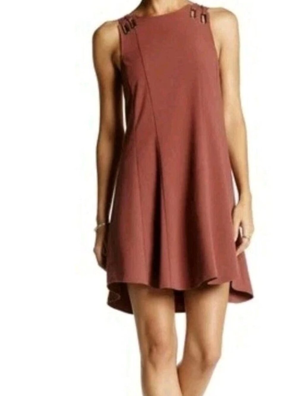 Free People Women's M Brown Shift Mini Dress Cutout Strappy baby love Trapeze